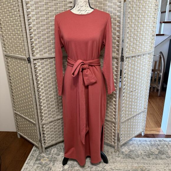Pure Jill Tie Waist Maxi Dress L Petite Rust Affinity French Terry Side Slit NEW - Picture 5 of 12